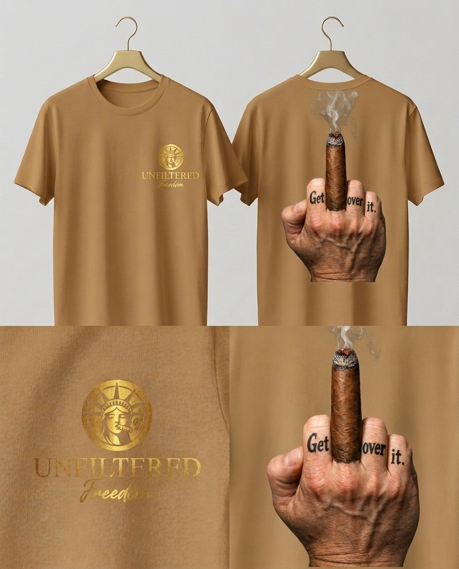 T-Shirt — Bold Middle Finger Cigar Graphic with "Get over it." Back Print